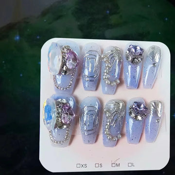 Qfdian 10Pcs High Quality Handmade Press on Nails Heavy Industry Diamond Decoration Luxury Dark and niche style Spicy Girl Nail Diamond